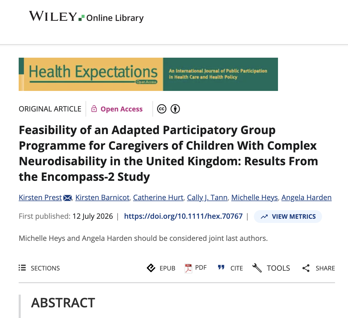 Feasibility of an Adapted Participatory Group Programme for Caregivers of Children With Complex Neurodisability in the United Kingdom- Results From the Encompass-2 Study
